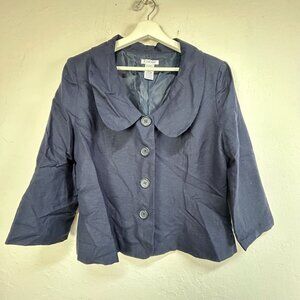JG Hook Women Navy Button-Front Linen Blend Blazer Jacket Peter Pan Collar Sz 14